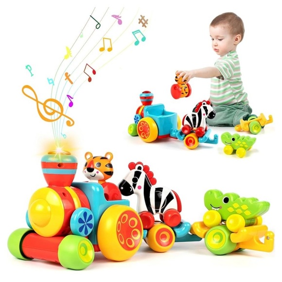 New Red and Yellow Musical Toy Car Set with Animal Designs - Picture 1 of 11